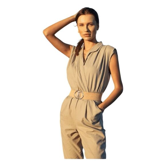 Downeast Frankie Surplus Jumpsuit Khaki Tan Linen Mix XXL - Picture 1 of 7